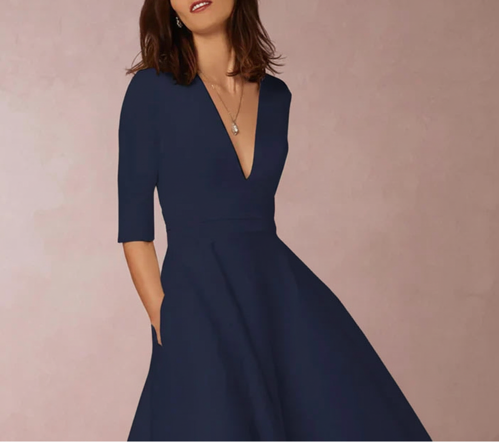 Dames Midi Jurk met Diepe V-hals - Halflange Mouwen en Fit-and-Flare