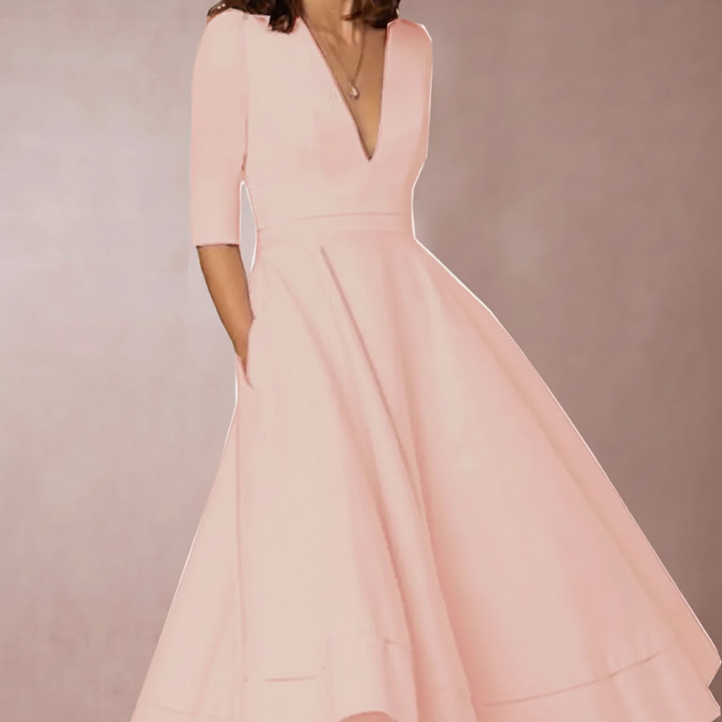Dames Midi Jurk met Diepe V-hals - Halflange Mouwen en Fit-and-Flare