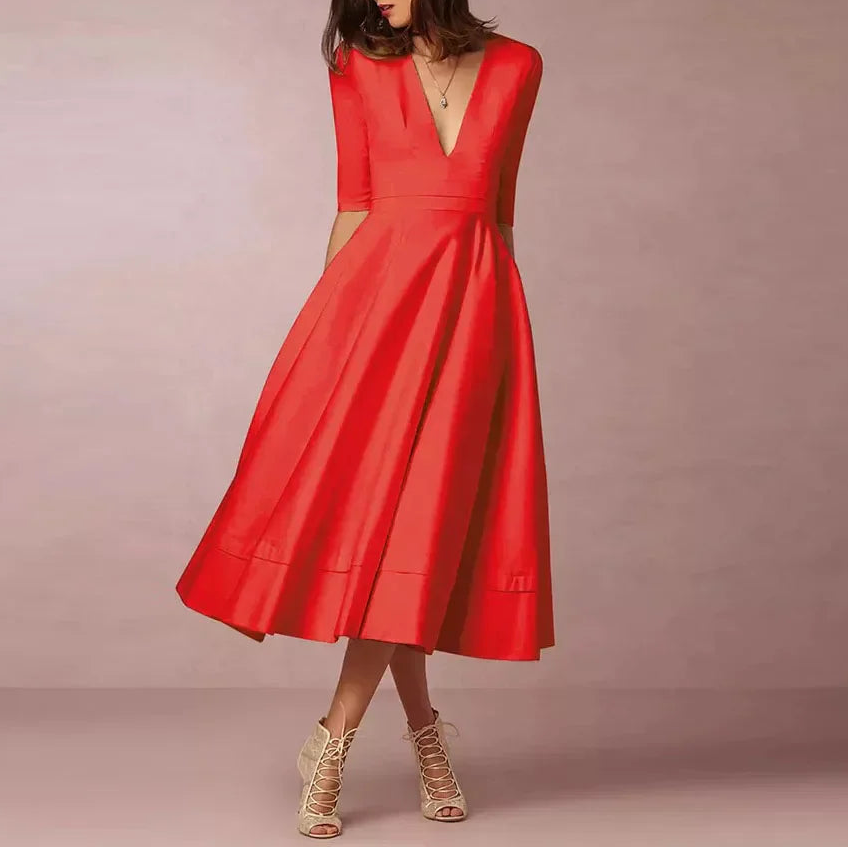 Dames Midi Jurk met Diepe V-hals - Halflange Mouwen en Fit-and-Flare