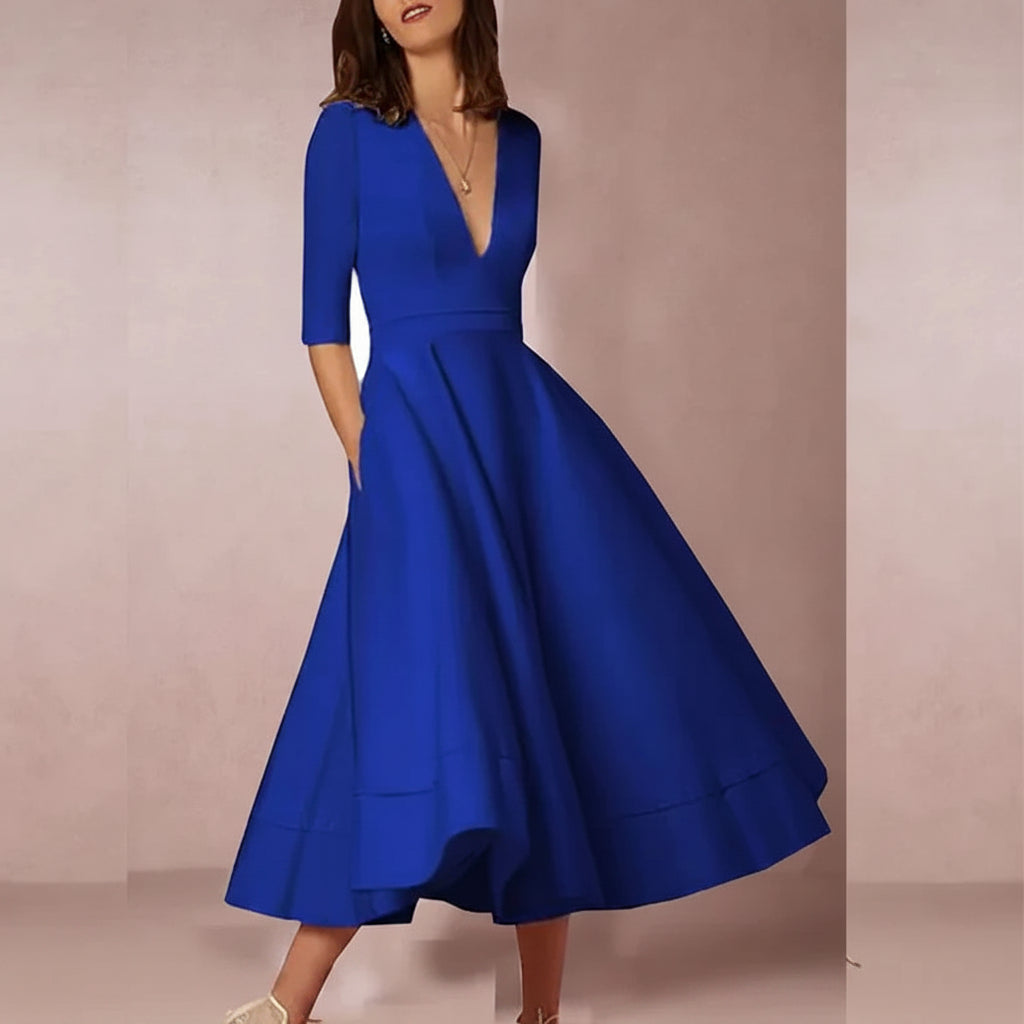 Dames Midi Jurk met Diepe V-hals - Halflange Mouwen en Fit-and-Flare