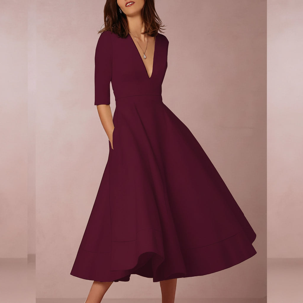 Dames Midi Jurk met Diepe V-hals - Halflange Mouwen en Fit-and-Flare