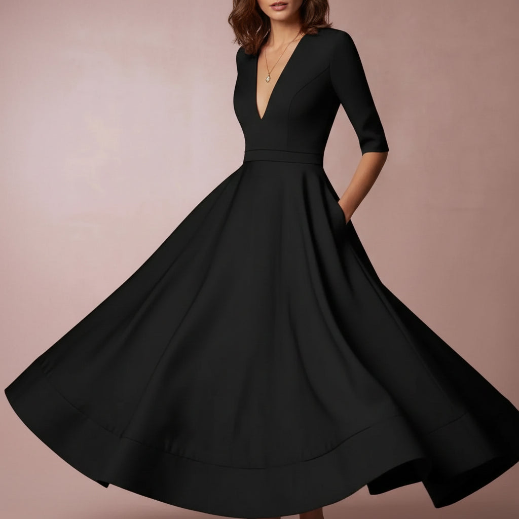 Dames Midi Jurk met Diepe V-hals - Halflange Mouwen en Fit-and-Flare