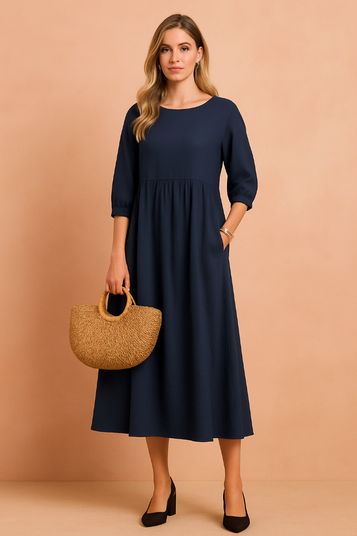 Dames Midi Jurk met Driekwart Mouwen - Ronde Hals en Gelaagde Rok