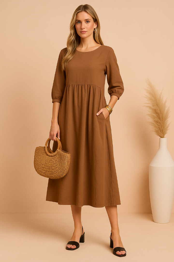 Dames Midi Jurk met Driekwart Mouwen - Ronde Hals en Gelaagde Rok