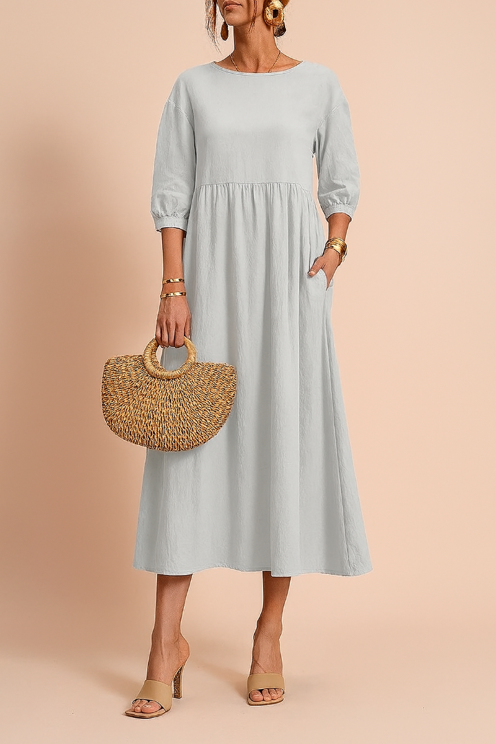 Dames Midi Jurk met Driekwart Mouwen - Ronde Hals en Gelaagde Rok