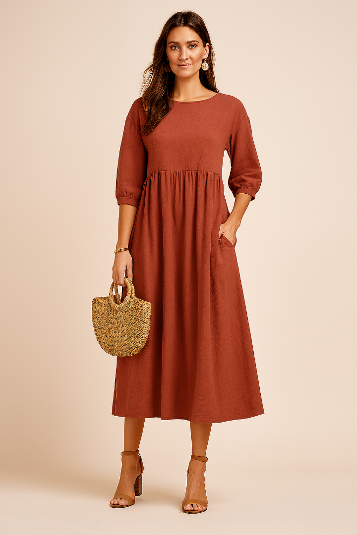 Dames Midi Jurk met Driekwart Mouwen - Ronde Hals en Gelaagde Rok