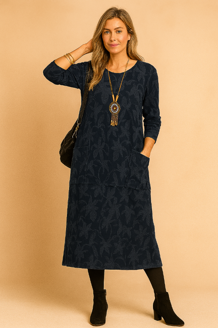 Dames Midi Jurk met Halflange Mouwen - Ronde Hals van Gebreide Stof