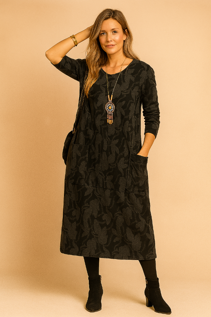 Dames Midi Jurk met Halflange Mouwen - Ronde Hals van Gebreide Stof
