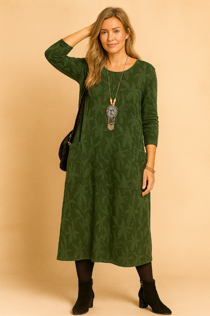 Dames Midi Jurk met Halflange Mouwen - Ronde Hals van Gebreide Stof