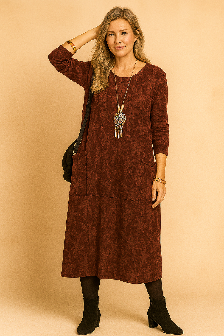 Dames Midi Jurk met Halflange Mouwen - Ronde Hals van Gebreide Stof