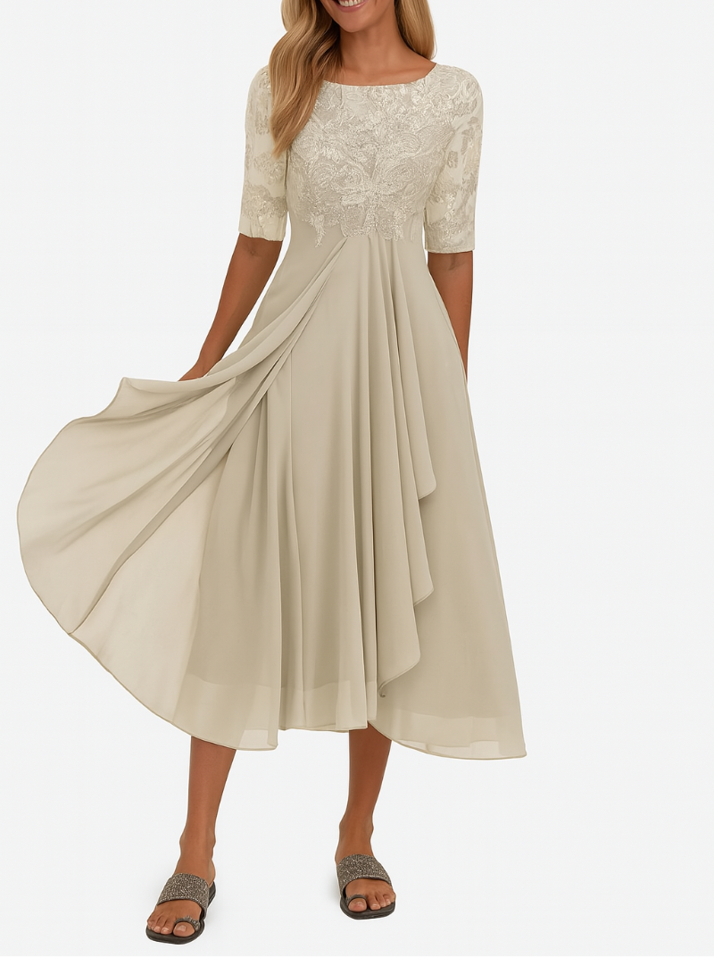 Dames Midi Jurk met Kantentop - Ronde Hals en Chiffon