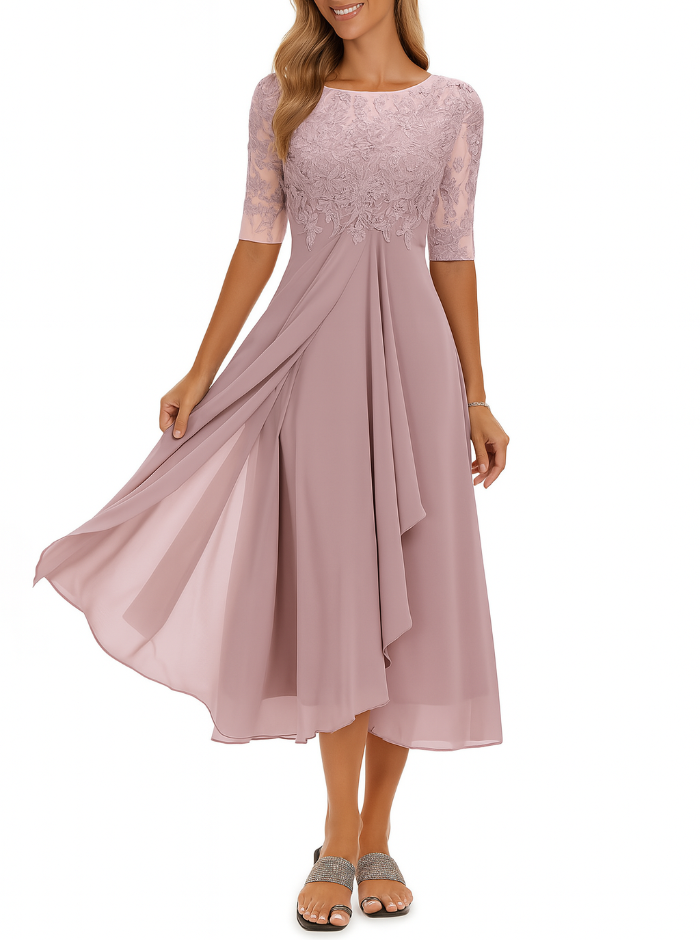 Dames Midi Jurk met Kantentop - Ronde Hals en Chiffon