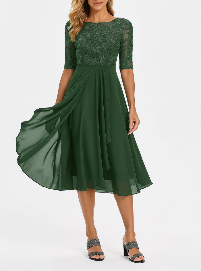 Dames Midi Jurk met Kantentop - Ronde Hals en Chiffon