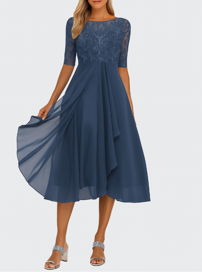 Dames Midi Jurk met Kantentop - Ronde Hals en Chiffon