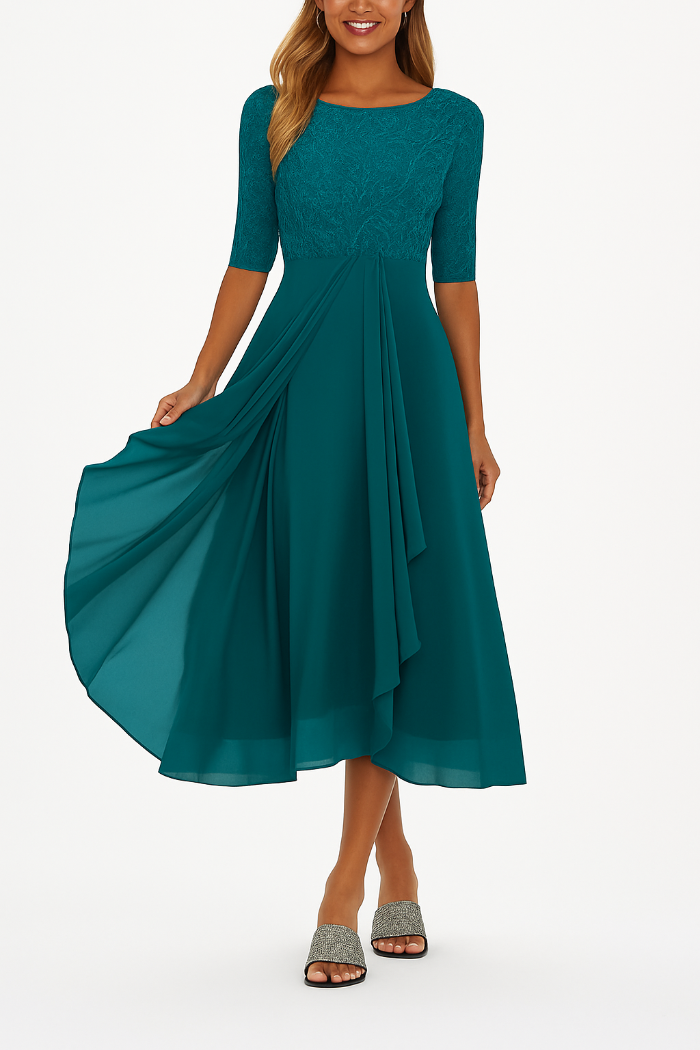 Dames Midi Jurk met Kantentop - Ronde Hals en Chiffon