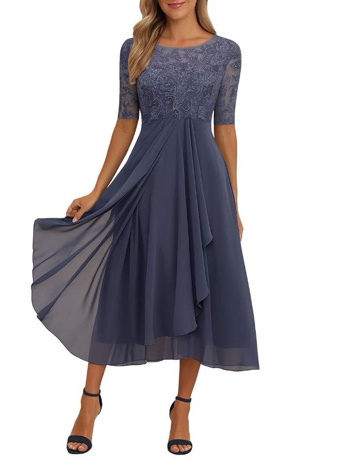 Dames Midi Jurk met Kantentop - Ronde Hals en Chiffon