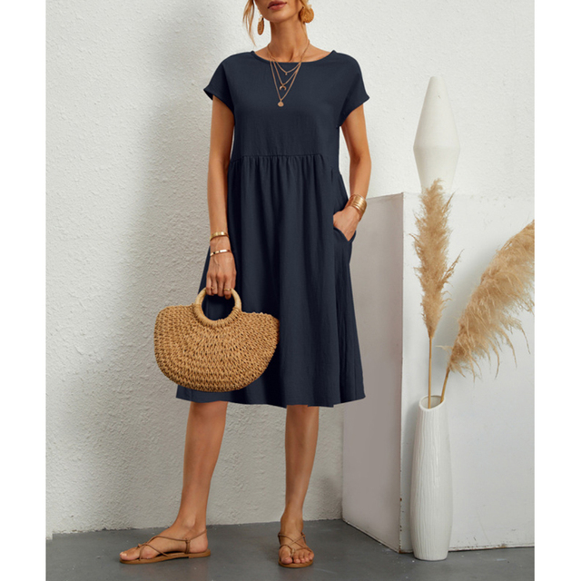 Dames Midi Jurk met Kapmouwen - Ronde Hals Babydoll