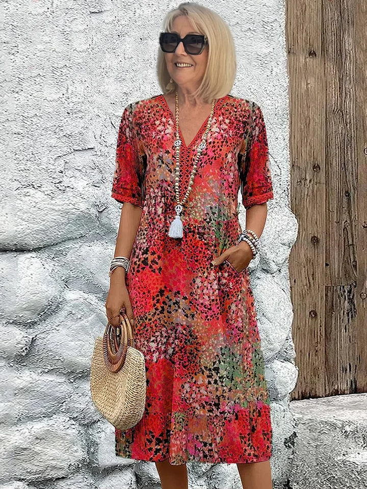 Dames Midi Jurk met Korte Mouwen - Bloemenprint V-Hals