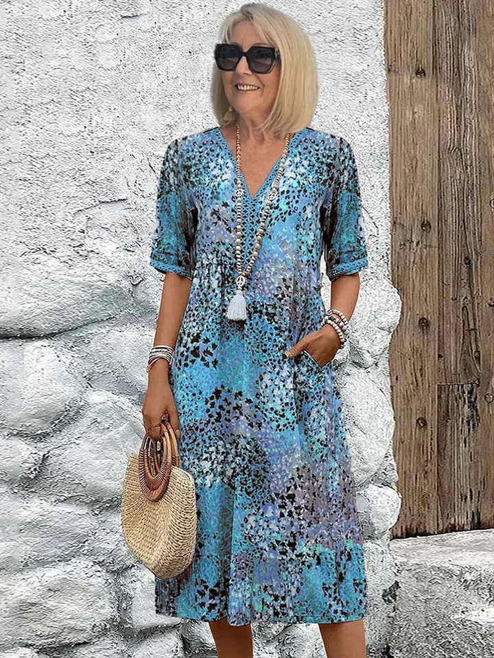 Dames Midi Jurk met Korte Mouwen - Bloemenprint V-Hals