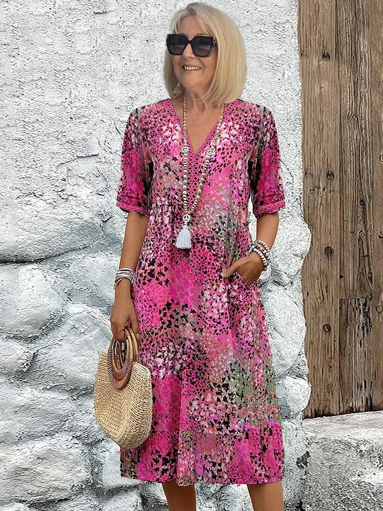 Dames Midi Jurk met Korte Mouwen - Bloemenprint V-Hals