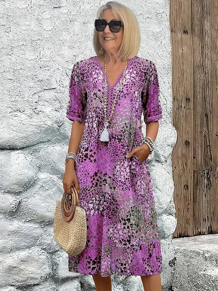 Dames Midi Jurk met Korte Mouwen - Bloemenprint V-Hals
