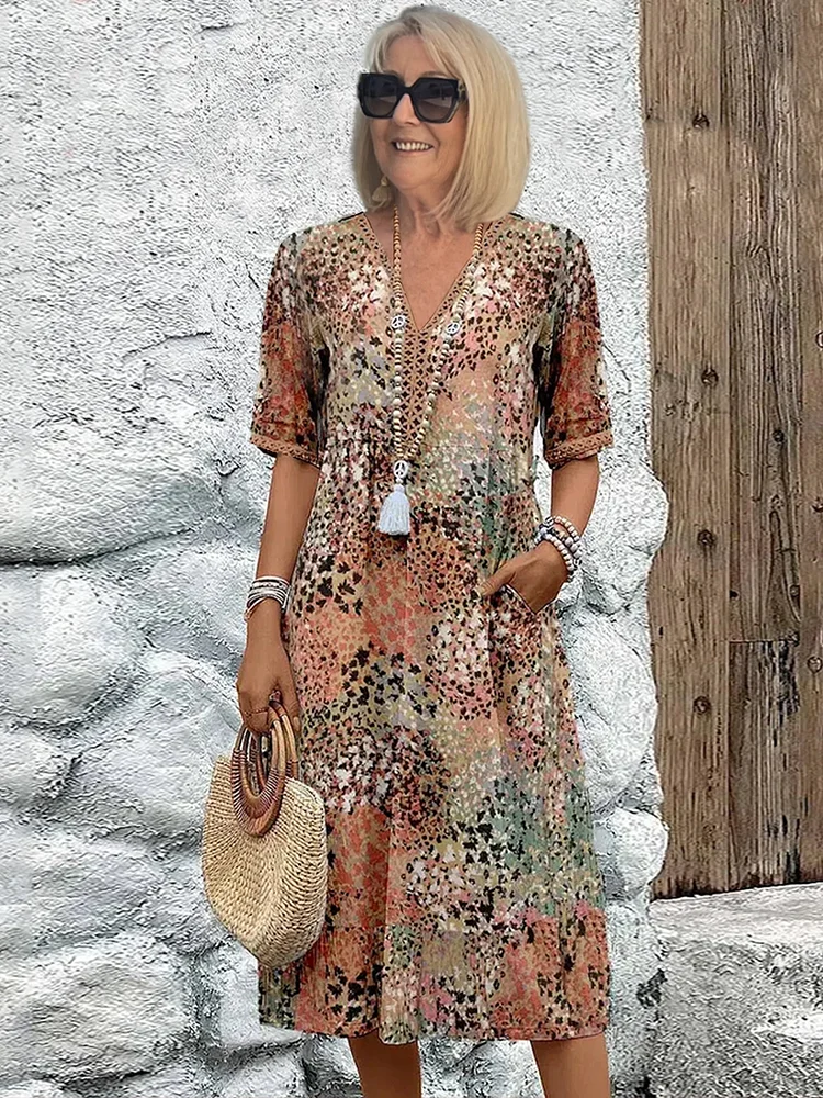 Dames Midi Jurk met Korte Mouwen - Bloemenprint V-Hals