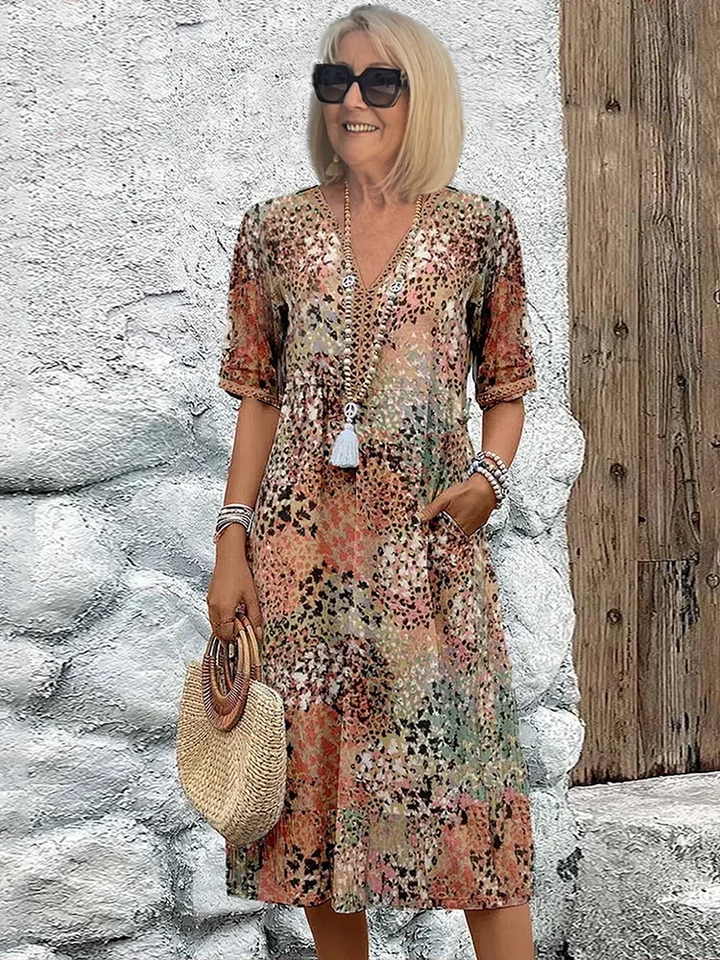 Dames Midi Jurk met Korte Mouwen - Bloemenprint V-Hals