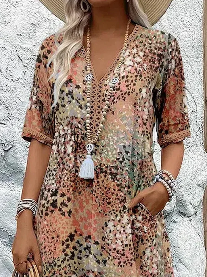 Dames Midi Jurk met Korte Mouwen - Bloemenprint V-Hals