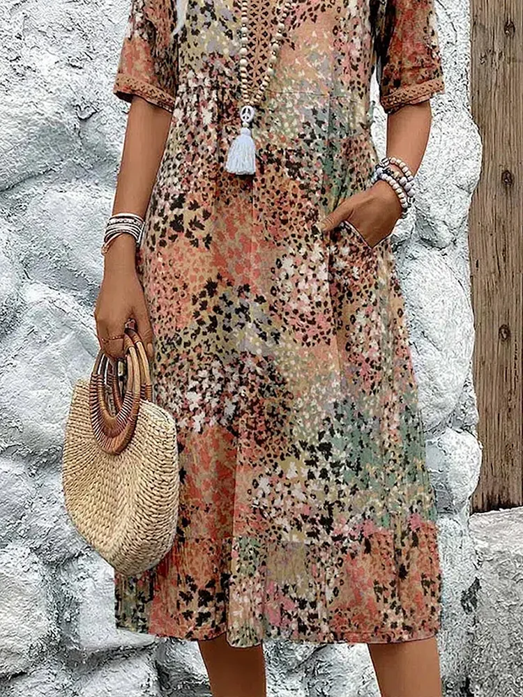 Dames Midi Jurk met Korte Mouwen - Bloemenprint V-Hals