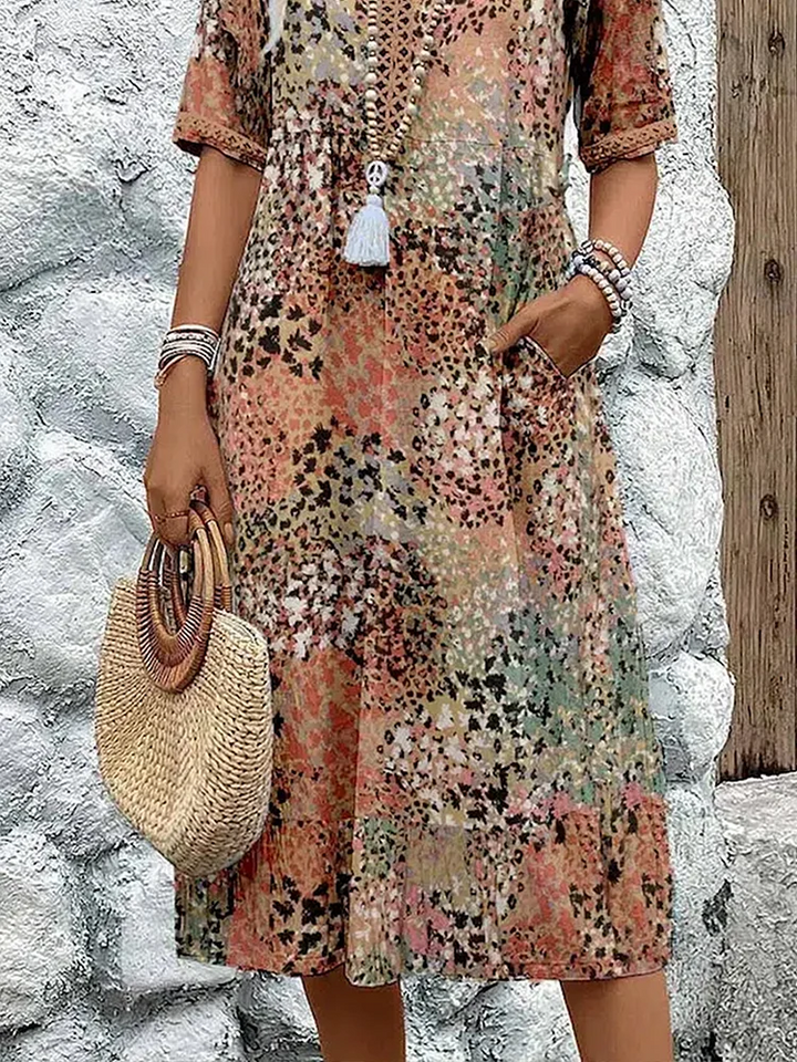 Dames Midi Jurk met Korte Mouwen - Bloemenprint V-Hals