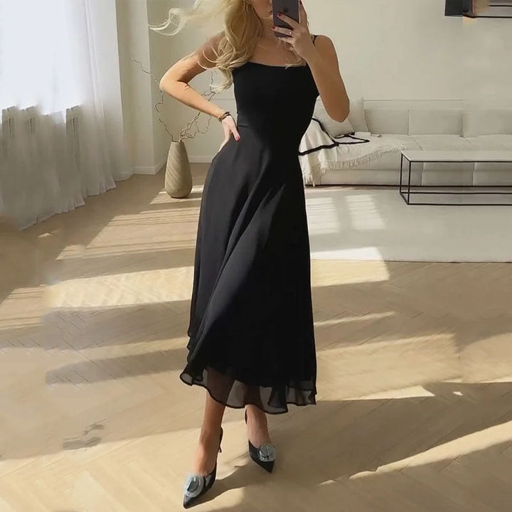 Dames Midi Jurk met Vierkante Hals - Mouwloze Fit-and-Flare Jurk met A-lijn