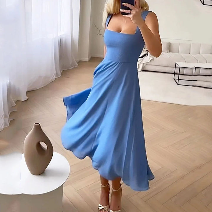 Dames Midi Jurk met Vierkante Hals - Mouwloze Fit-and-Flare Jurk met A-lijn