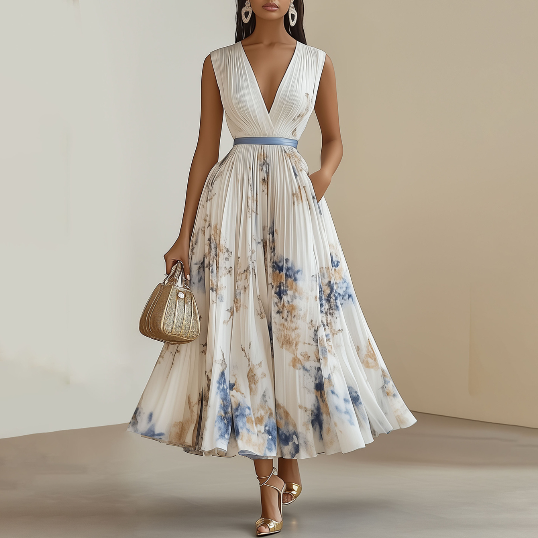 Dames Mouwloze Geplooide Maxi Jurk - V-Hals Bloemen Print