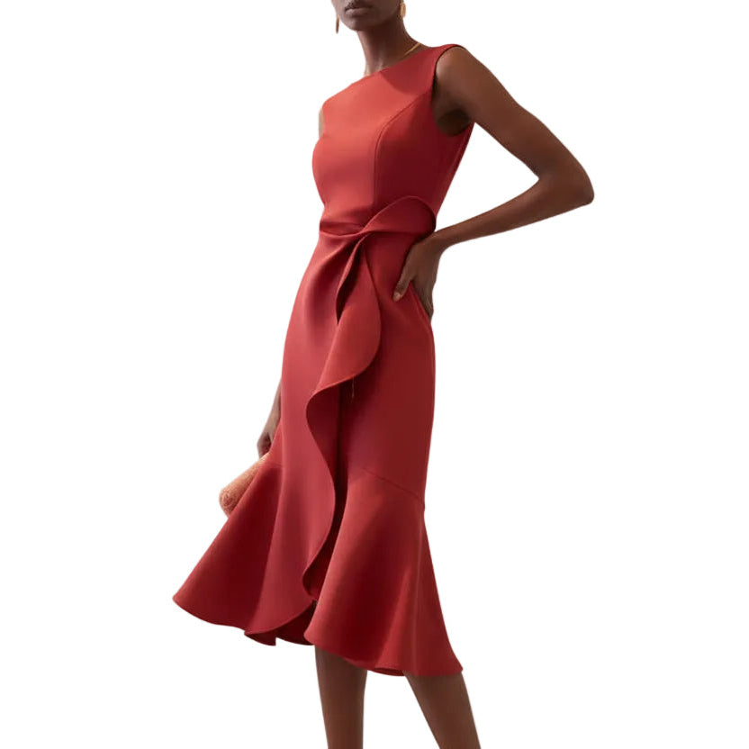 Dames Mouwloze Midi Jurk - Boothals met Overslagrok en Volantdetail