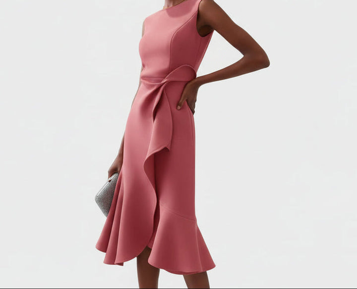 Dames Mouwloze Midi Jurk - Boothals met Overslagrok en Volantdetail