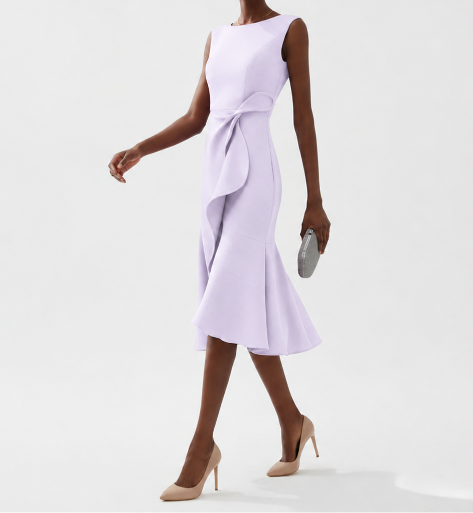 Dames Mouwloze Midi Jurk - Boothals met Overslagrok en Volantdetail