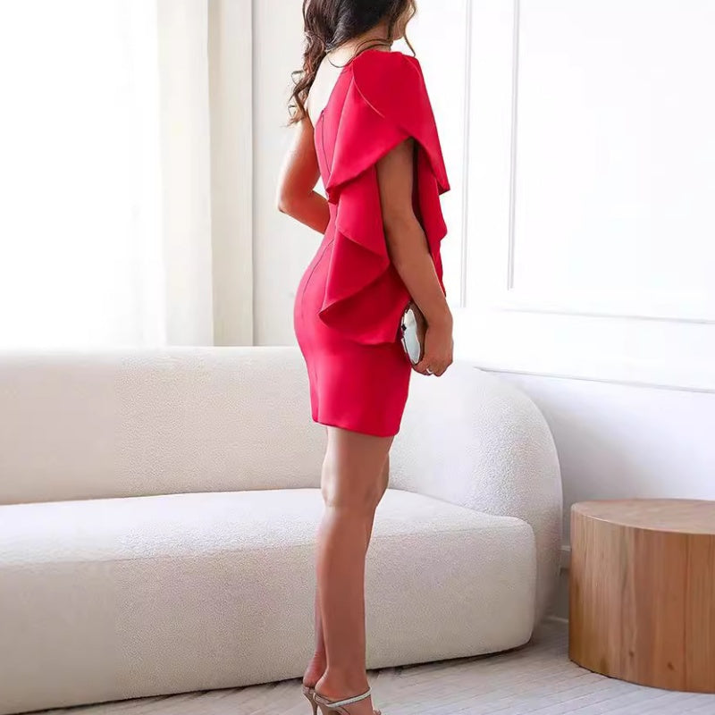 Dames One-Shoulder Ruffle Mini Jurk - Geplooide Getailleerde Mini Jurk