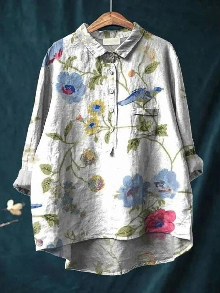 Dames Overhemd met Bloemenprint - Halve Knoopsluiting