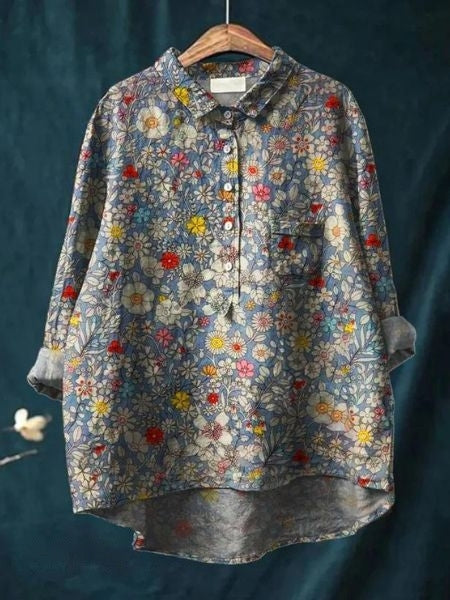 Dames Overhemd met Bloemenprint - Halve Knoopsluiting