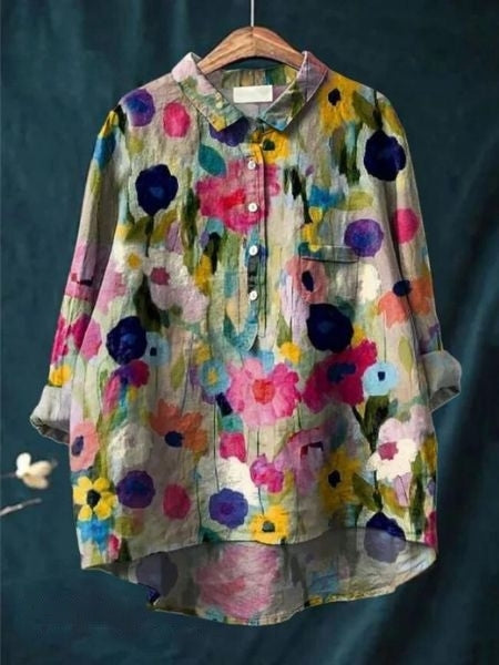 Dames Overhemd met Bloemenprint - Halve Knoopsluiting