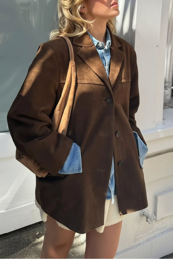 Dames Oversized Jas - Inkepingrevers en Enkele Rij Knopen