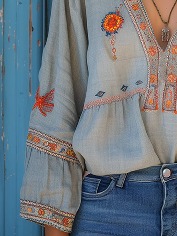 Dames Peplum Blouse met Borduursel - V hals