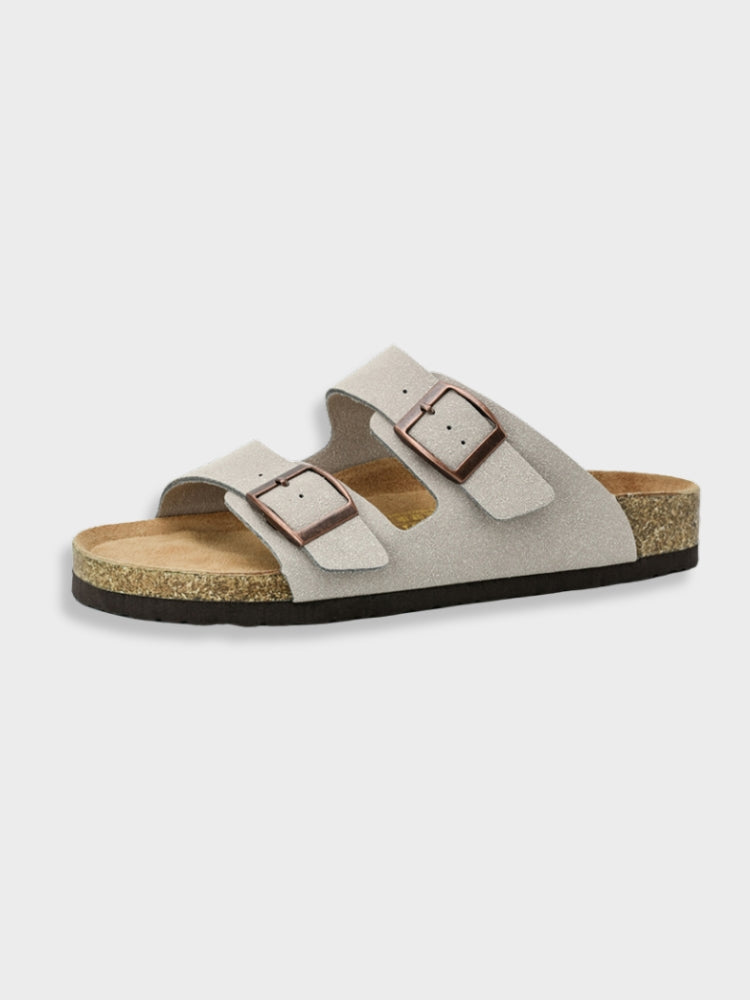 Dames Sandalen met Dubbele Gespbanden – Platte Instapsandalen met Kurken Voetbed