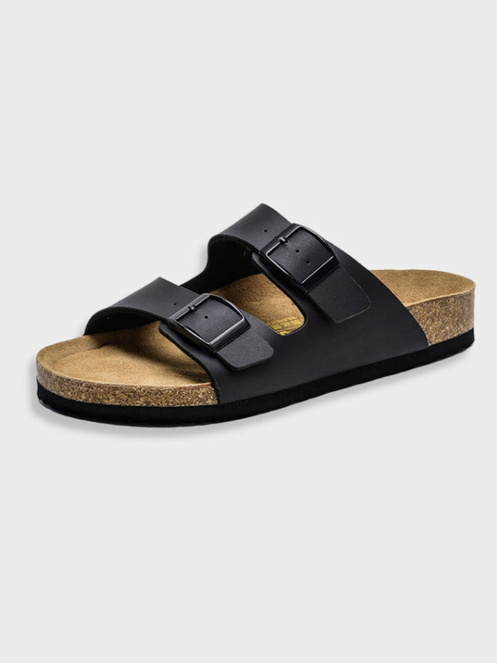 Dames Sandalen met Dubbele Gespbanden – Platte Instapsandalen met Kurken Voetbed