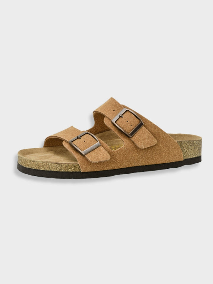 Dames Sandalen met Dubbele Gespbanden – Platte Instapsandalen met Kurken Voetbed