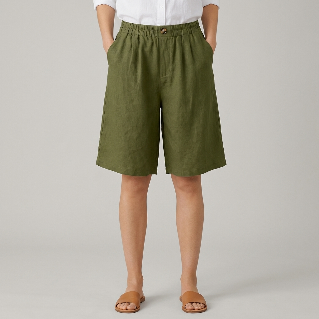 Dames Shorts met Wijde Pijpen - Elastische Taille tot op de Knie