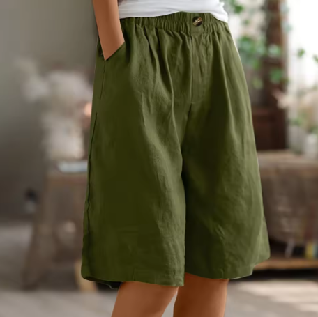 Dames Shorts met Wijde Pijpen - Elastische Taille tot op de Knie