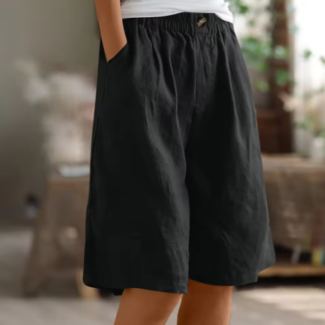 Dames Shorts met Wijde Pijpen - Elastische Taille tot op de Knie
