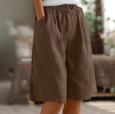Dames Shorts met Wijde Pijpen - Elastische Taille tot op de Knie