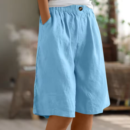 Dames Shorts met Wijde Pijpen - Elastische Taille tot op de Knie